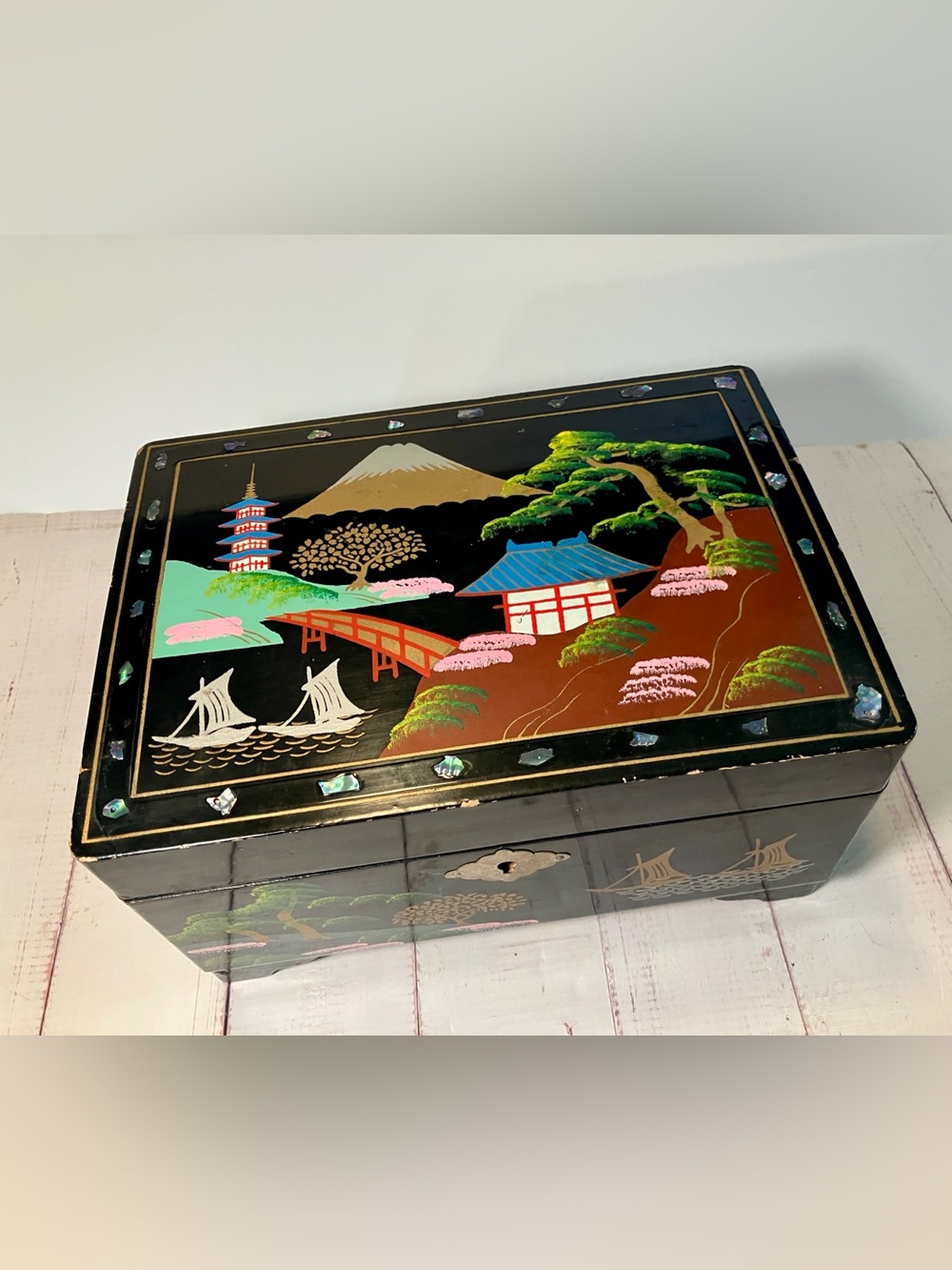 Vintage 70s 80s Japan Style Musical Jewelry Box Cherry Blossom Wood Inlay TLC